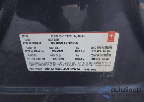 2018 Tesla Model X 100D/75D/P100D z USA, uszkodzony, nr VIN 5YJXCBE45JF089774
